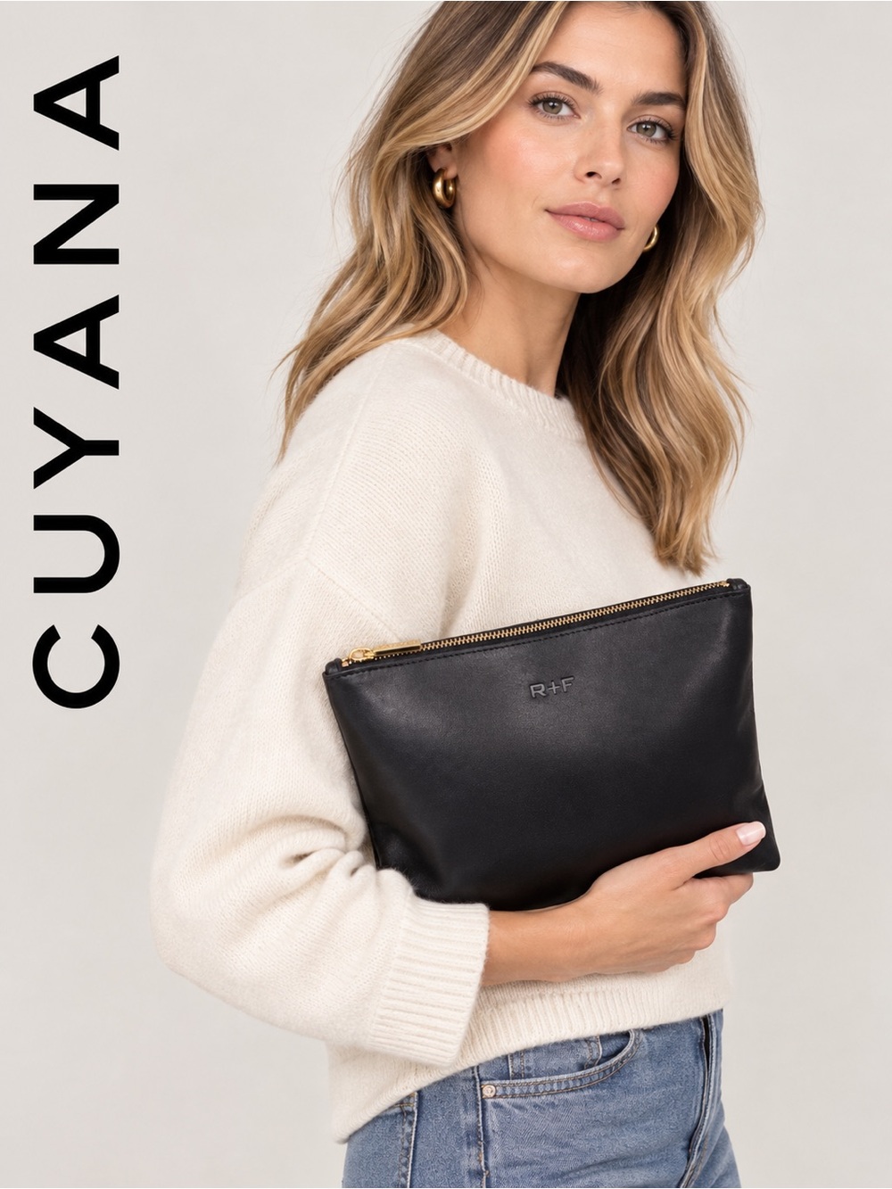 CUYANA Black Leather Zip Pouch with Gold Hardware